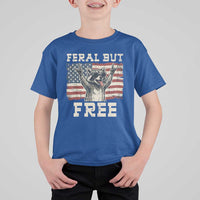 Feral But Free Funny Raccoon Patriotic T Shirt For Kid Cool American Flag Sunglasses Rock On Hand Signs Vintage USA Flag