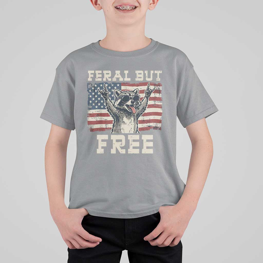 Feral But Free Funny Raccoon Patriotic T Shirt For Kid Cool American Flag Sunglasses Rock On Hand Signs Vintage USA Flag