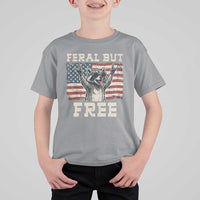 Feral But Free Funny Raccoon Patriotic T Shirt For Kid Cool American Flag Sunglasses Rock On Hand Signs Vintage USA Flag