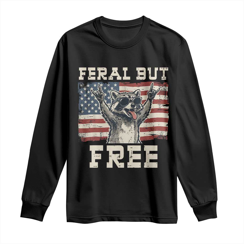 Feral But Free Funny Raccoon Patriotic Long Sleeve Shirt Cool American Flag Sunglasses Rock On Hand Signs Vintage USA Flag