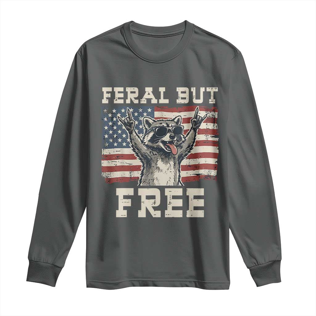 Feral But Free Funny Raccoon Patriotic Long Sleeve Shirt Cool American Flag Sunglasses Rock On Hand Signs Vintage USA Flag