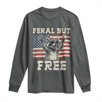 Feral But Free Funny Raccoon Patriotic Long Sleeve Shirt Cool American Flag Sunglasses Rock On Hand Signs Vintage USA Flag