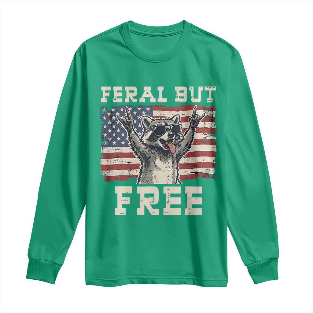 Feral But Free Funny Raccoon Patriotic Long Sleeve Shirt Cool American Flag Sunglasses Rock On Hand Signs Vintage USA Flag