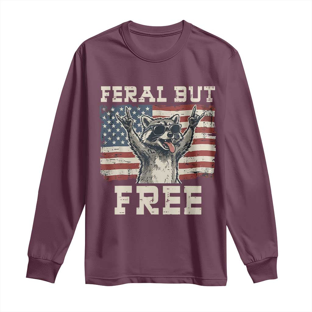 Feral But Free Funny Raccoon Patriotic Long Sleeve Shirt Cool American Flag Sunglasses Rock On Hand Signs Vintage USA Flag