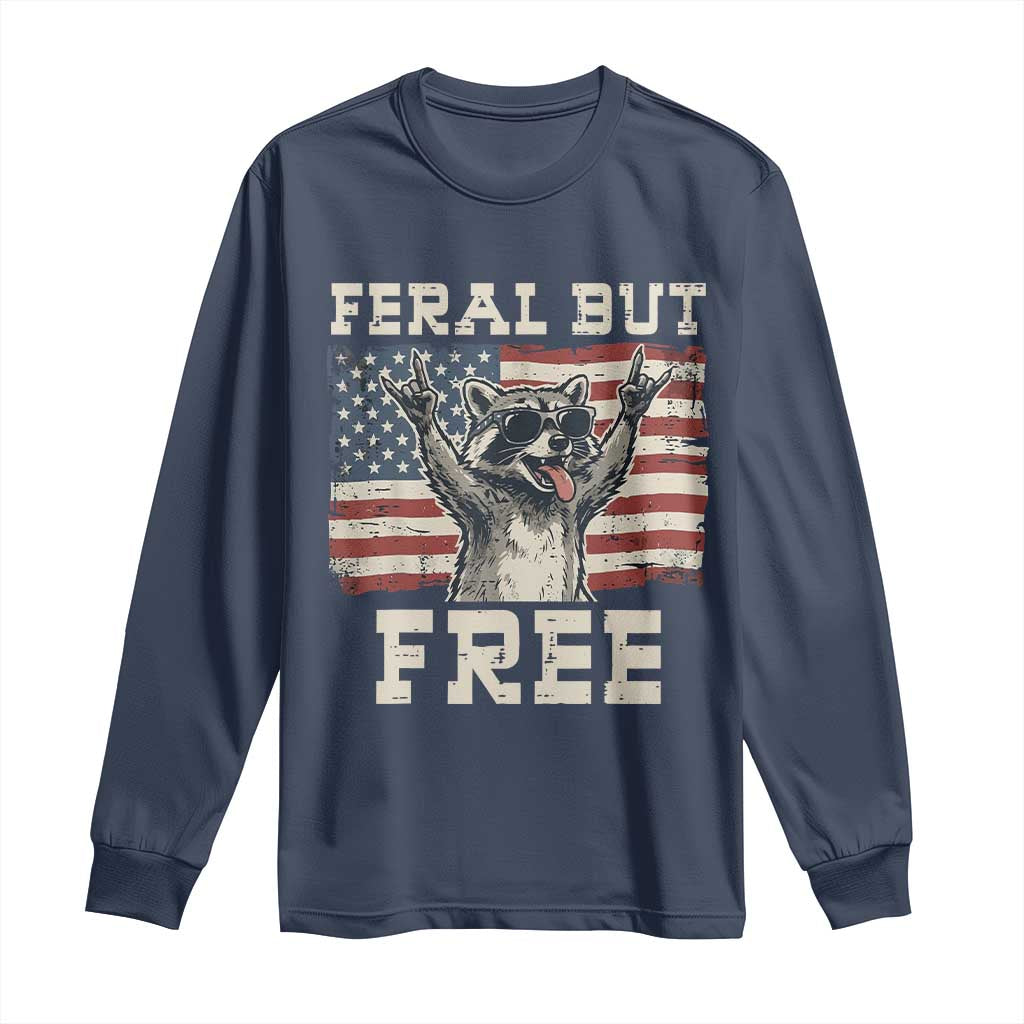 Feral But Free Funny Raccoon Patriotic Long Sleeve Shirt Cool American Flag Sunglasses Rock On Hand Signs Vintage USA Flag