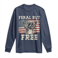 Feral But Free Funny Raccoon Patriotic Long Sleeve Shirt Cool American Flag Sunglasses Rock On Hand Signs Vintage USA Flag