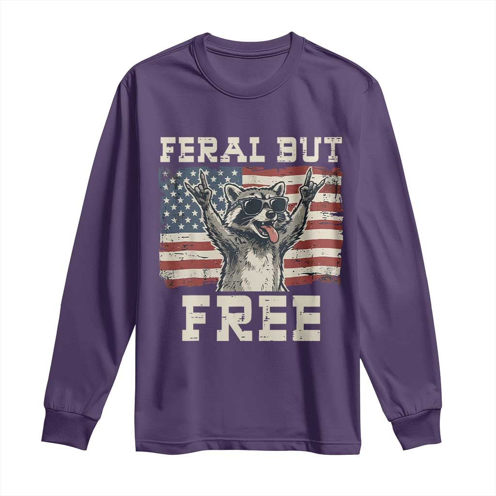 Feral But Free Funny Raccoon Patriotic Long Sleeve Shirt Cool American Flag Sunglasses Rock On Hand Signs Vintage USA Flag