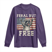 Feral But Free Funny Raccoon Patriotic Long Sleeve Shirt Cool American Flag Sunglasses Rock On Hand Signs Vintage USA Flag