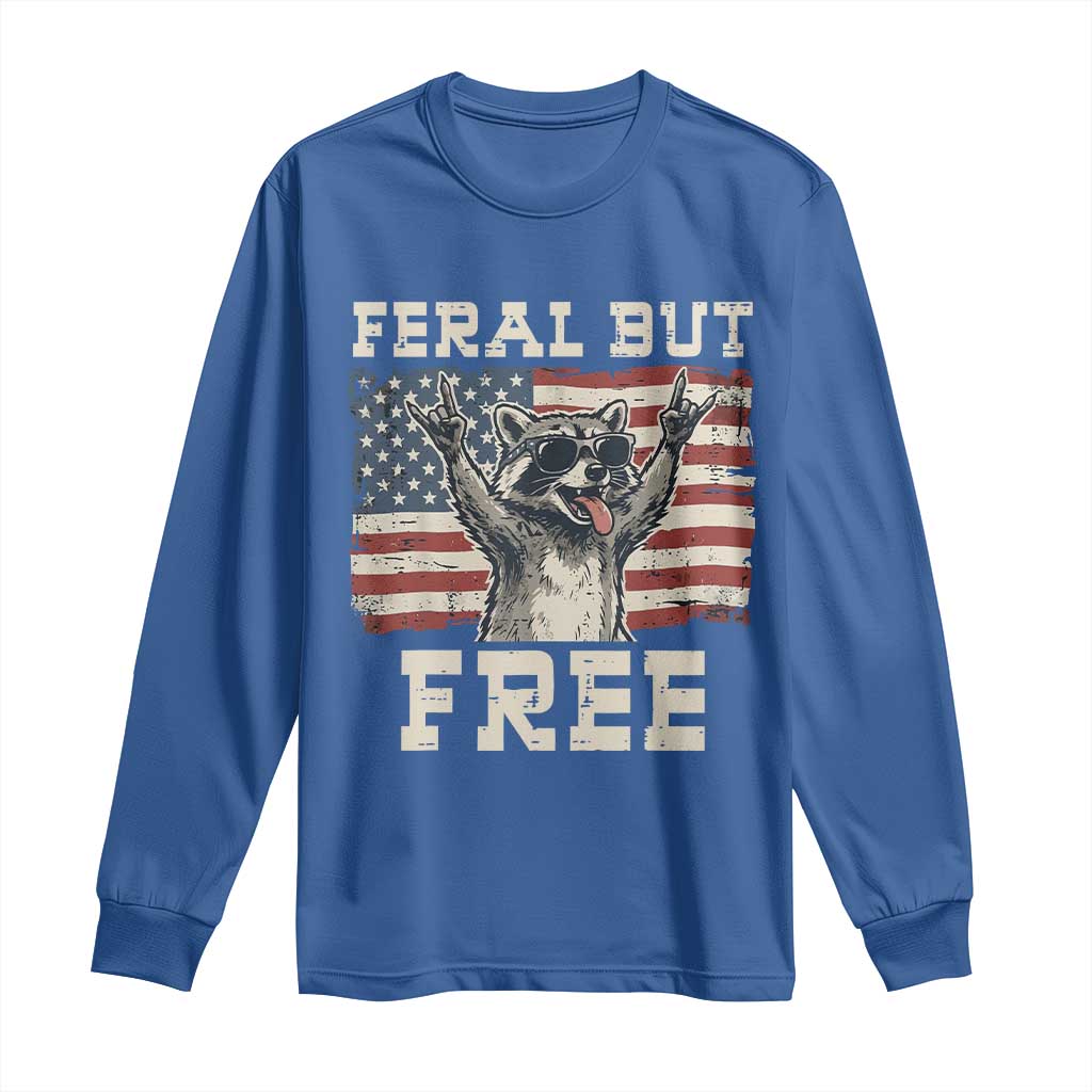 Feral But Free Funny Raccoon Patriotic Long Sleeve Shirt Cool American Flag Sunglasses Rock On Hand Signs Vintage USA Flag