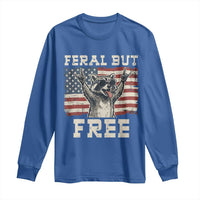 Feral But Free Funny Raccoon Patriotic Long Sleeve Shirt Cool American Flag Sunglasses Rock On Hand Signs Vintage USA Flag