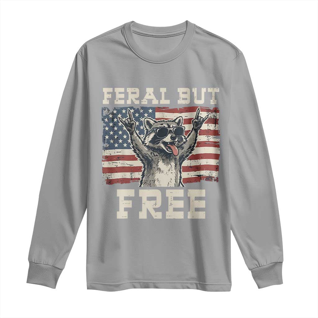 Feral But Free Funny Raccoon Patriotic Long Sleeve Shirt Cool American Flag Sunglasses Rock On Hand Signs Vintage USA Flag