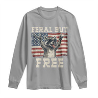 Feral But Free Funny Raccoon Patriotic Long Sleeve Shirt Cool American Flag Sunglasses Rock On Hand Signs Vintage USA Flag