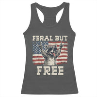 Feral But Free Funny Raccoon Patriotic Racerback Tank Top Cool American Flag Sunglasses Rock On Hand Signs Vintage USA Flag