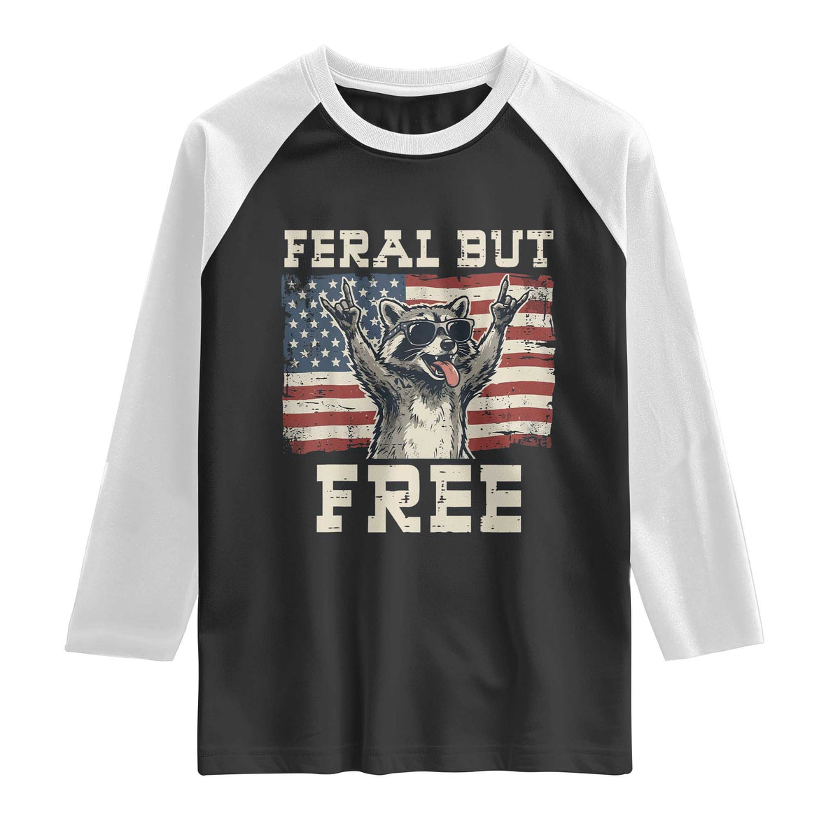 Feral But Free Funny Raccoon Patriotic Raglan Shirt Cool American Flag Sunglasses Rock On Hand Signs Vintage USA Flag