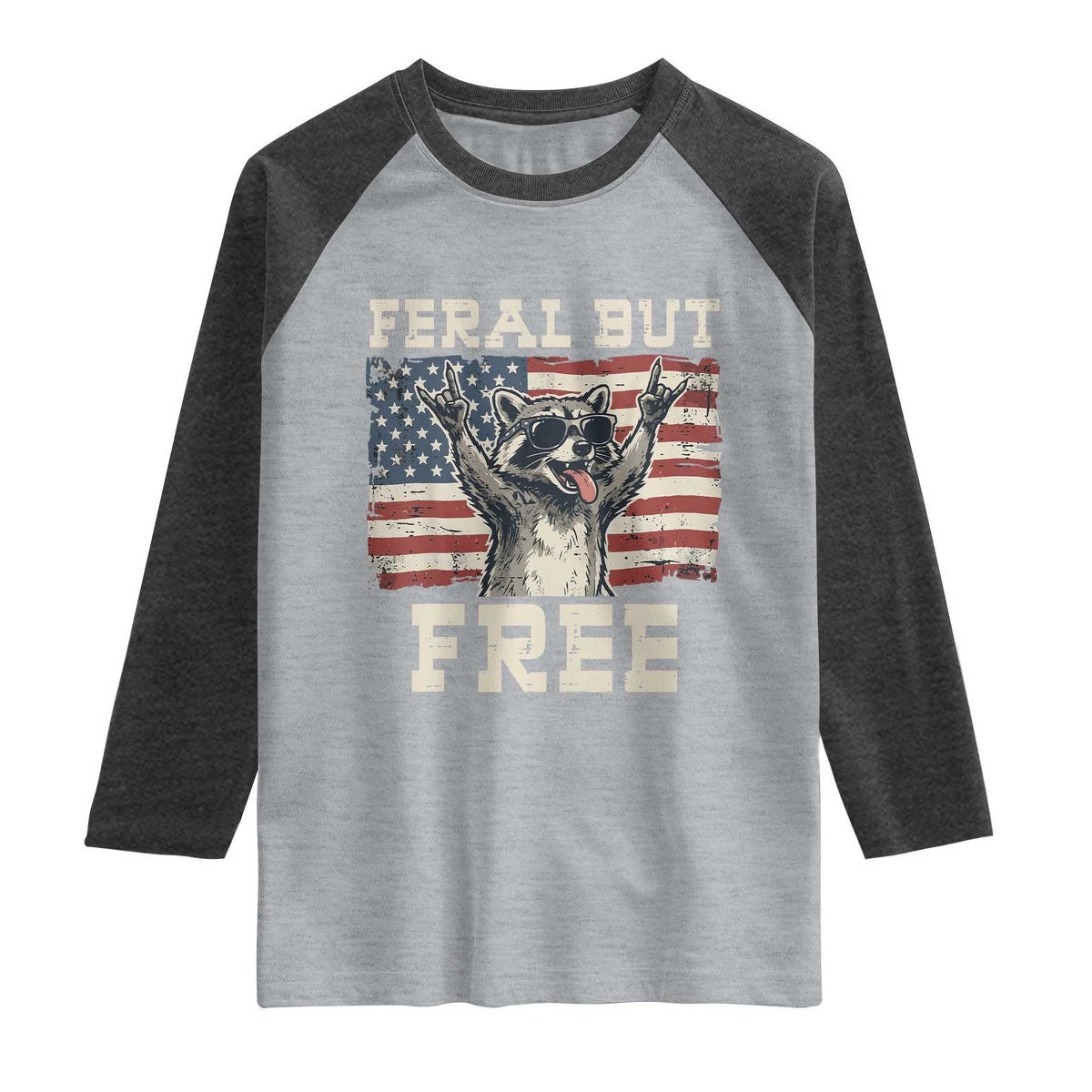 Feral But Free Funny Raccoon Patriotic Raglan Shirt Cool American Flag Sunglasses Rock On Hand Signs Vintage USA Flag