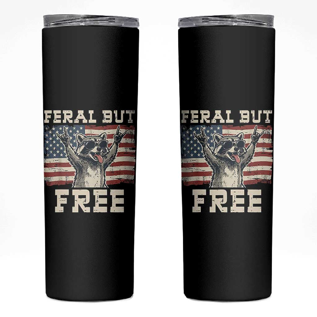 Feral But Free Funny Raccoon Patriotic Skinny Tumbler Cool American Flag Sunglasses Rock On Hand Signs Vintage USA Flag
