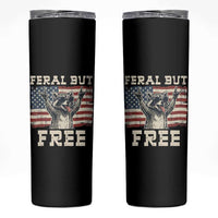 Feral But Free Funny Raccoon Patriotic Skinny Tumbler Cool American Flag Sunglasses Rock On Hand Signs Vintage USA Flag