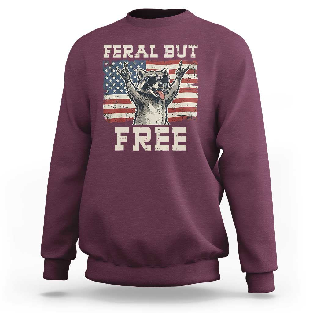 Feral But Free Funny Raccoon Patriotic Sweatshirt Cool American Flag Sunglasses Rock On Hand Signs Vintage USA Flag