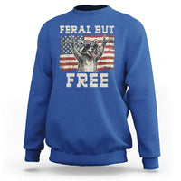 Feral But Free Funny Raccoon Patriotic Sweatshirt Cool American Flag Sunglasses Rock On Hand Signs Vintage USA Flag