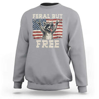 Feral But Free Funny Raccoon Patriotic Sweatshirt Cool American Flag Sunglasses Rock On Hand Signs Vintage USA Flag