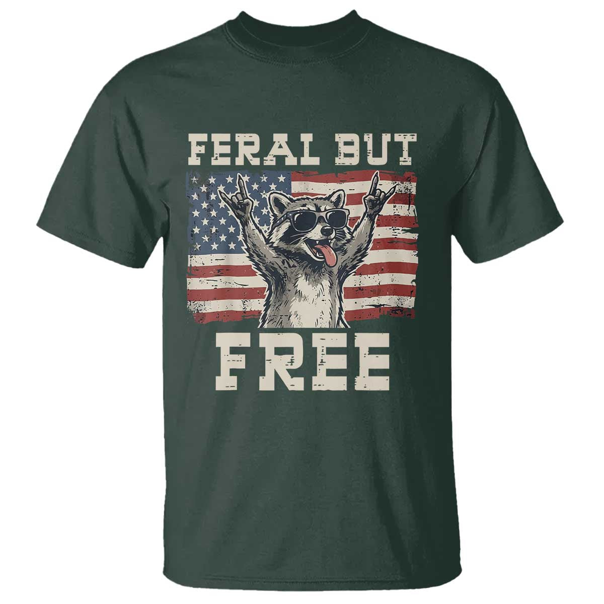 Feral But Free Funny Raccoon Patriotic T Shirt Cool American Flag Sunglasses Rock On Hand Signs Vintage USA Flag