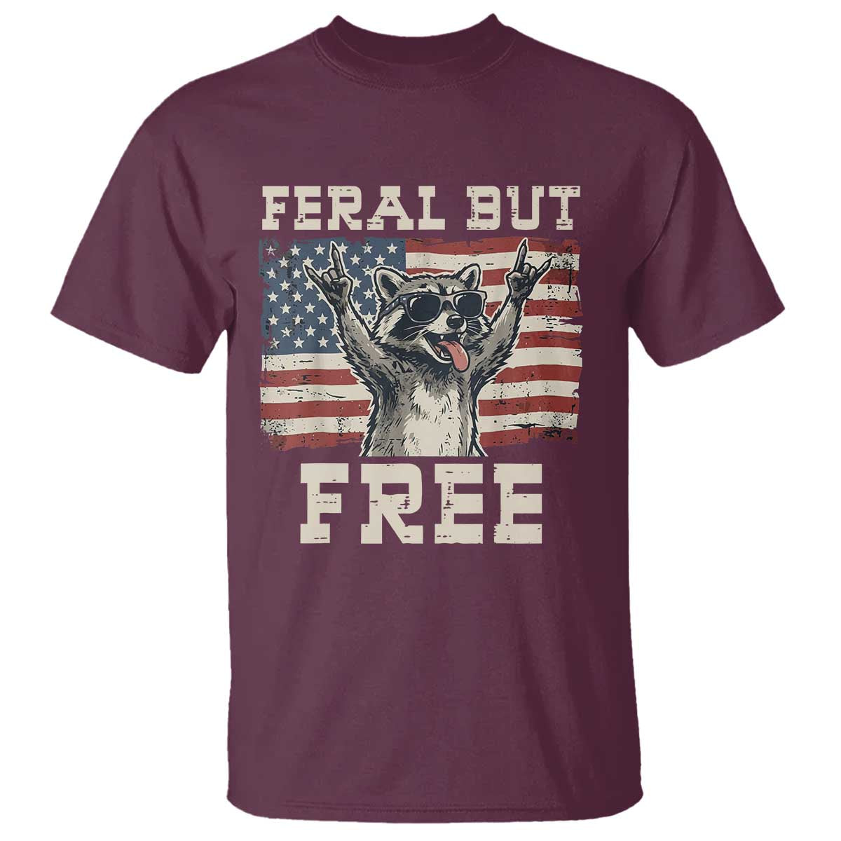 Feral But Free Funny Raccoon Patriotic T Shirt Cool American Flag Sunglasses Rock On Hand Signs Vintage USA Flag