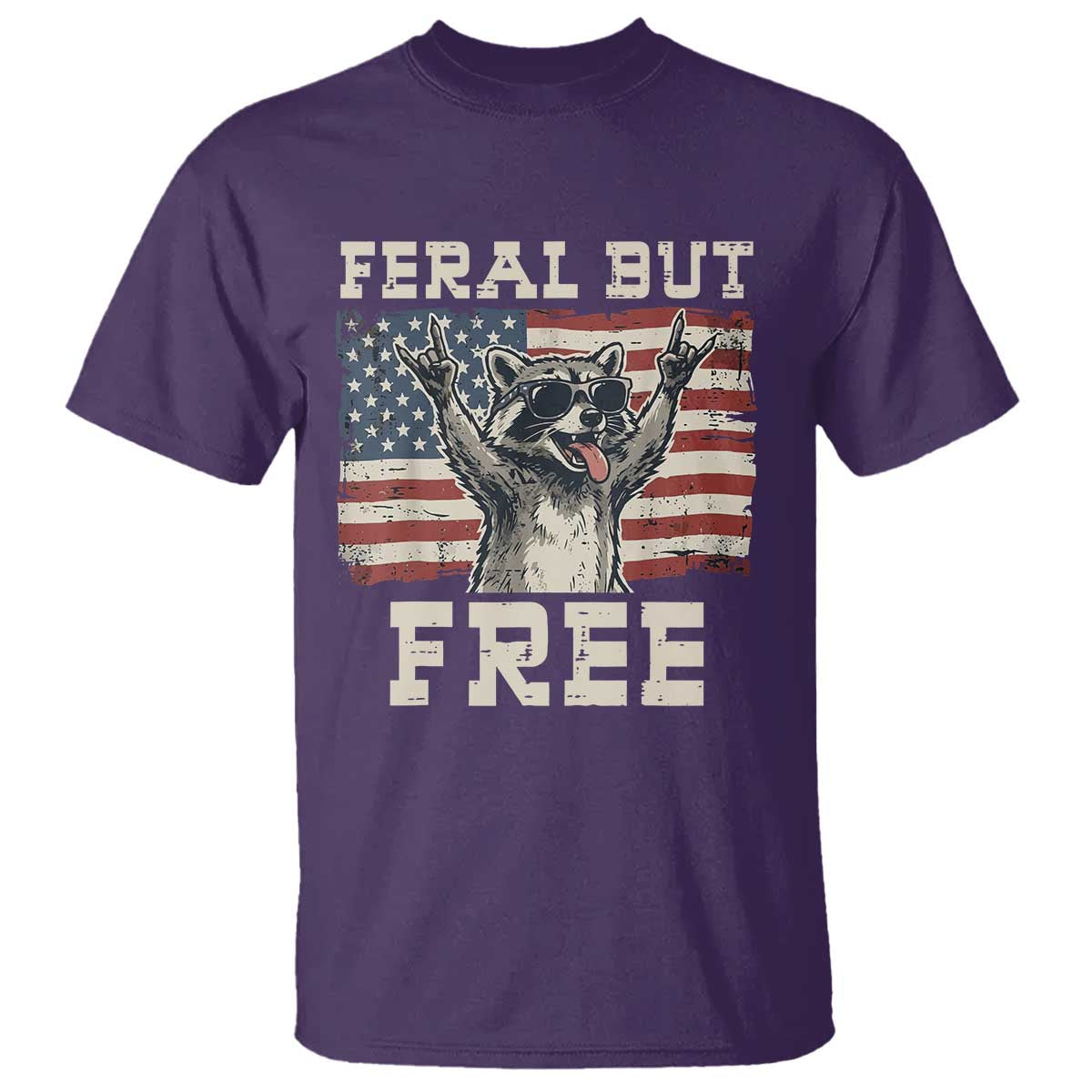 Feral But Free Funny Raccoon Patriotic T Shirt Cool American Flag Sunglasses Rock On Hand Signs Vintage USA Flag