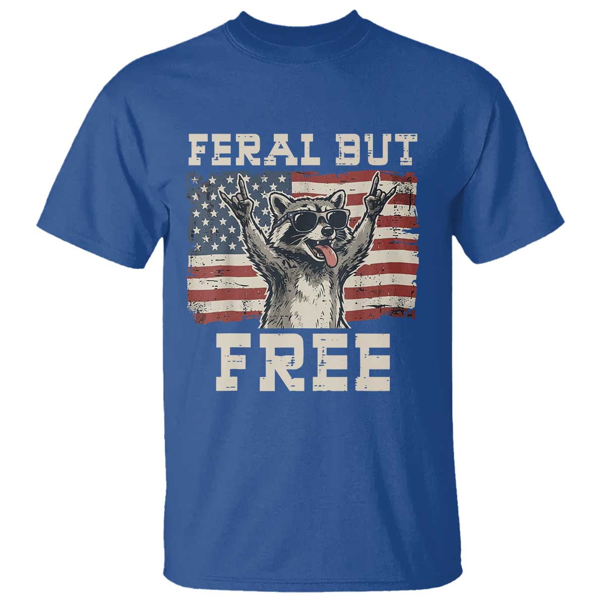 Feral But Free Funny Raccoon Patriotic T Shirt Cool American Flag Sunglasses Rock On Hand Signs Vintage USA Flag