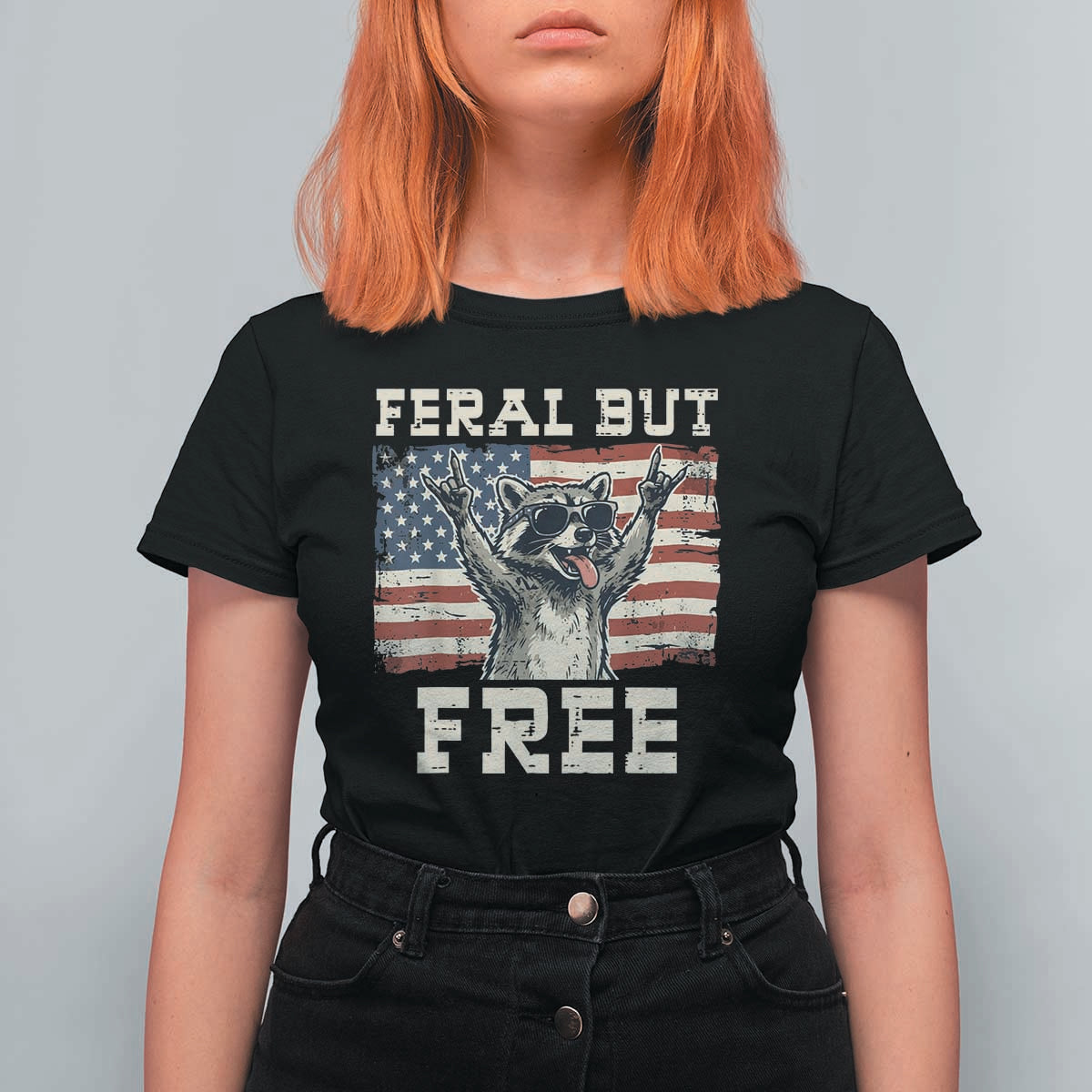Feral But Free Funny Raccoon Patriotic T Shirt For Women Cool American Flag Sunglasses Rock On Hand Signs Vintage USA Flag