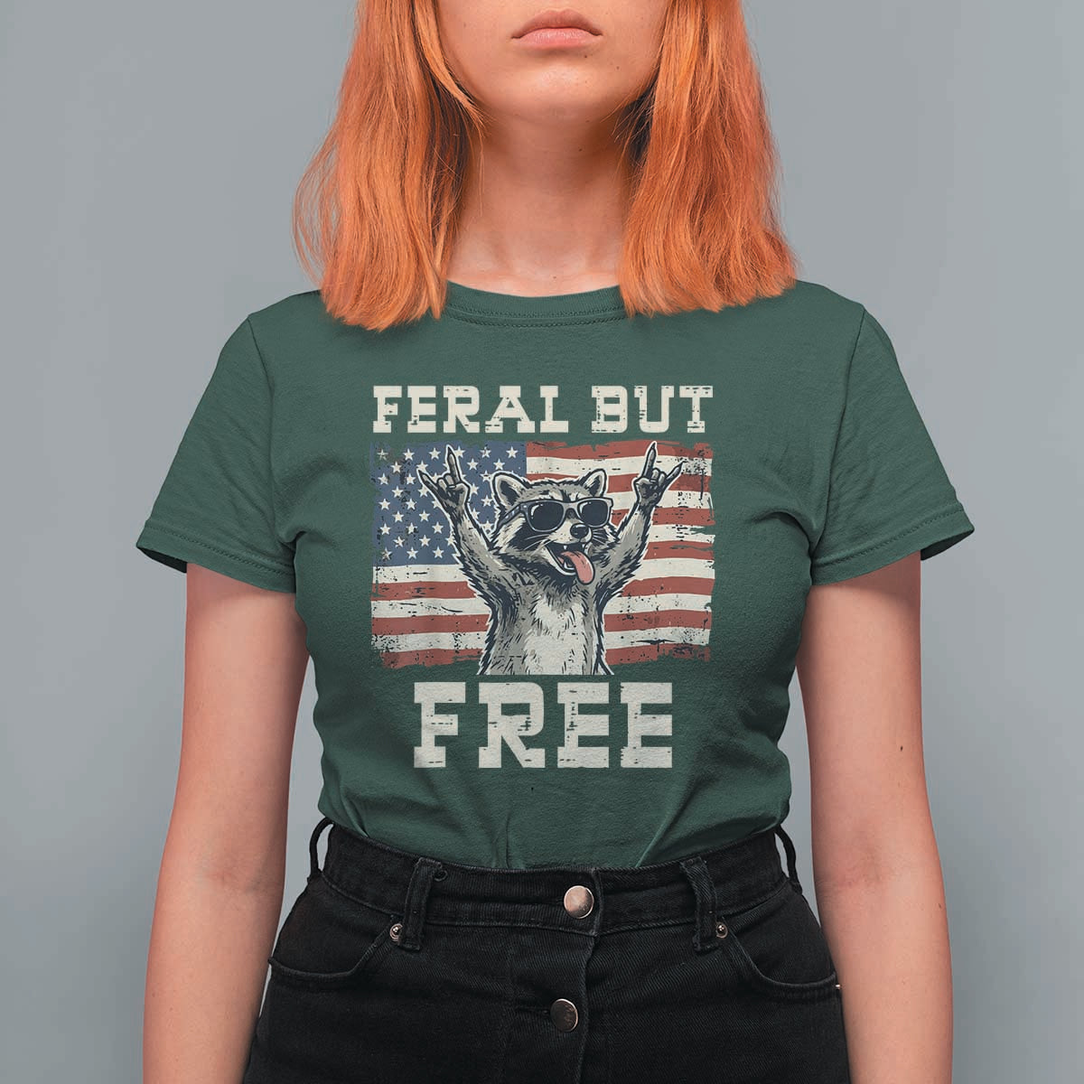 Feral But Free Funny Raccoon Patriotic T Shirt For Women Cool American Flag Sunglasses Rock On Hand Signs Vintage USA Flag