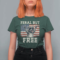 Feral But Free Funny Raccoon Patriotic T Shirt For Women Cool American Flag Sunglasses Rock On Hand Signs Vintage USA Flag