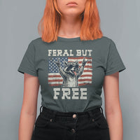 Feral But Free Funny Raccoon Patriotic T Shirt For Women Cool American Flag Sunglasses Rock On Hand Signs Vintage USA Flag