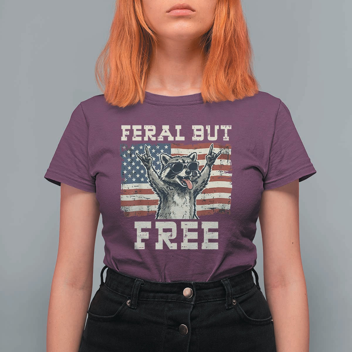 Feral But Free Funny Raccoon Patriotic T Shirt For Women Cool American Flag Sunglasses Rock On Hand Signs Vintage USA Flag