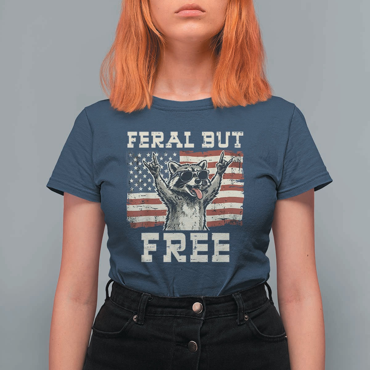 Feral But Free Funny Raccoon Patriotic T Shirt For Women Cool American Flag Sunglasses Rock On Hand Signs Vintage USA Flag