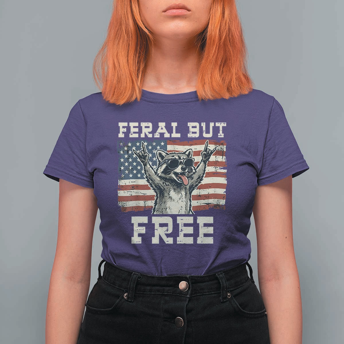 Feral But Free Funny Raccoon Patriotic T Shirt For Women Cool American Flag Sunglasses Rock On Hand Signs Vintage USA Flag