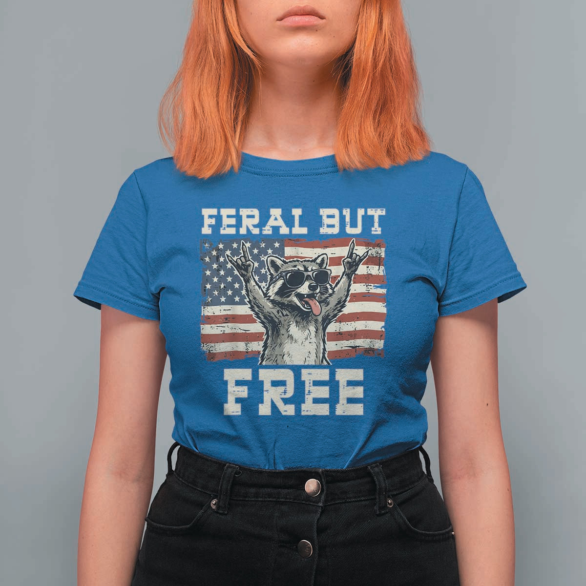 Feral But Free Funny Raccoon Patriotic T Shirt For Women Cool American Flag Sunglasses Rock On Hand Signs Vintage USA Flag