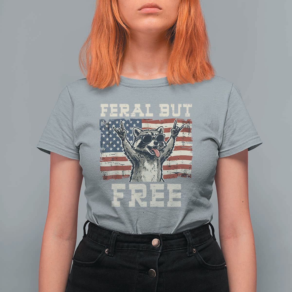 Feral But Free Funny Raccoon Patriotic T Shirt For Women Cool American Flag Sunglasses Rock On Hand Signs Vintage USA Flag