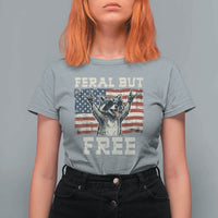 Feral But Free Funny Raccoon Patriotic T Shirt For Women Cool American Flag Sunglasses Rock On Hand Signs Vintage USA Flag
