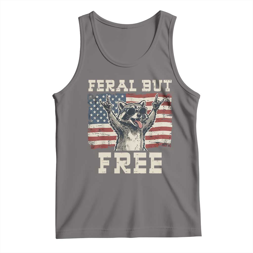 Feral But Free Funny Raccoon Patriotic Tank Top Cool American Flag Sunglasses Rock On Hand Signs Vintage USA Flag