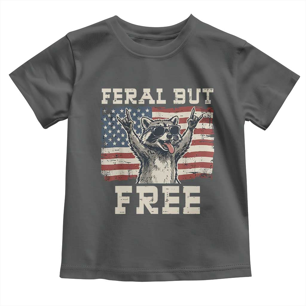 Feral But Free Funny Raccoon Patriotic Toddler T Shirt Cool American Flag Sunglasses Rock On Hand Signs Vintage USA Flag