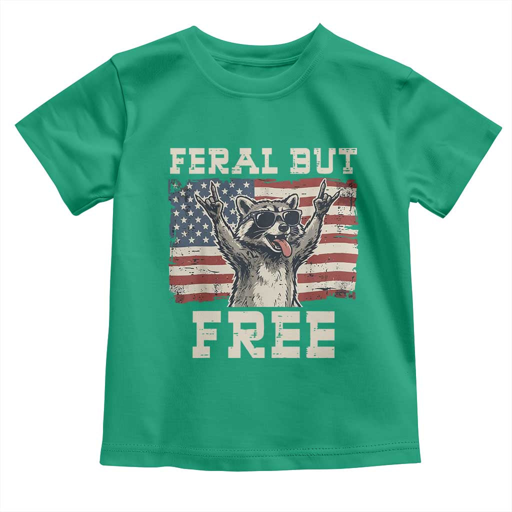 Feral But Free Funny Raccoon Patriotic Toddler T Shirt Cool American Flag Sunglasses Rock On Hand Signs Vintage USA Flag