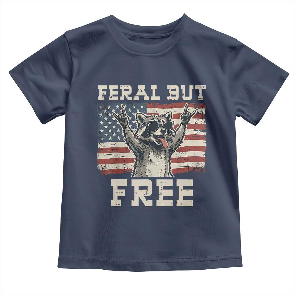 Feral But Free Funny Raccoon Patriotic Toddler T Shirt Cool American Flag Sunglasses Rock On Hand Signs Vintage USA Flag