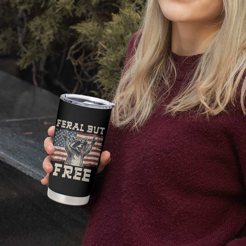 Feral But Free Funny Raccoon Patriotic Tumbler Cup Cool American Flag Sunglasses Rock On Hand Signs Vintage USA Flag