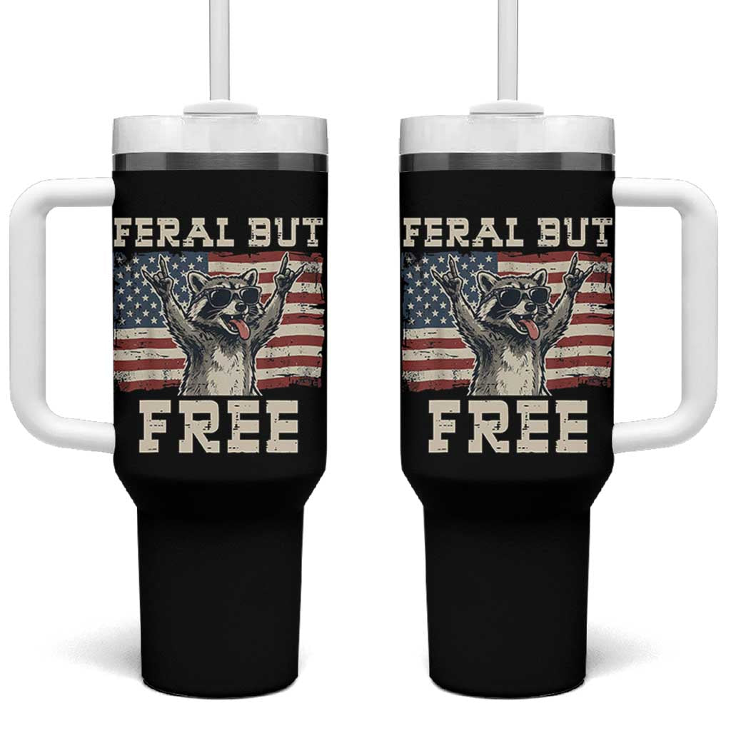 Feral But Free Funny Raccoon Patriotic Tumbler With Handle Cool American Flag Sunglasses Rock On Hand Signs Vintage USA Flag