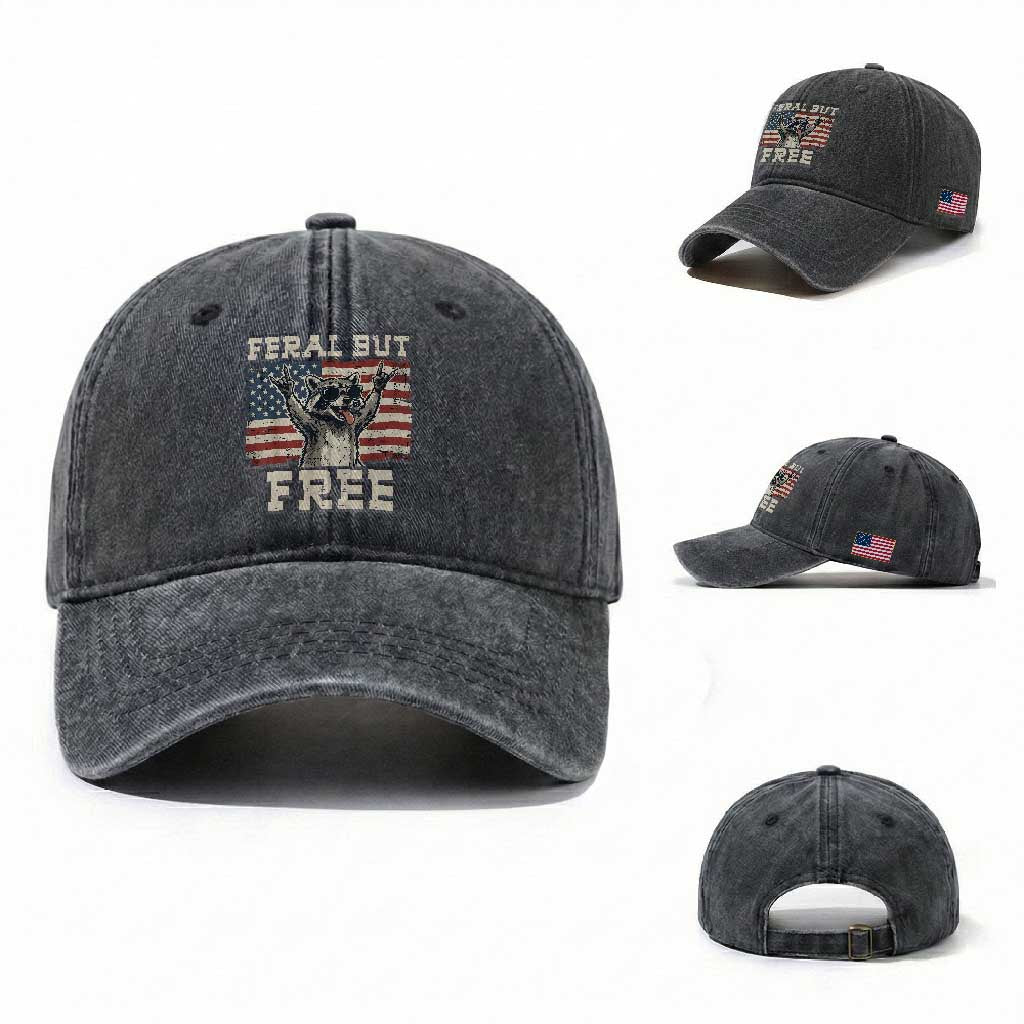 Feral But Free Funny Raccoon Patriotic Washed Cotton Baseball Cap Cool American Flag Sunglasses Rock On Hand Signs Vintage USA Flag