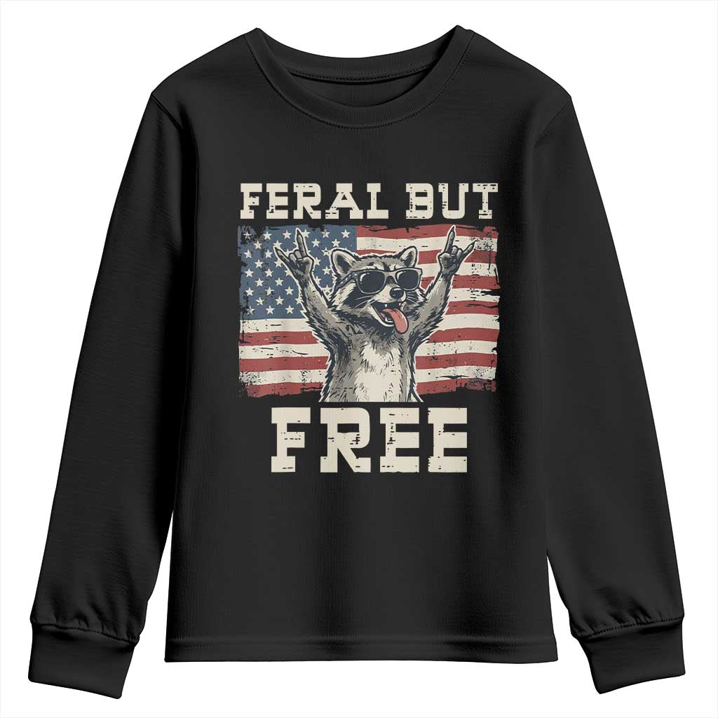 Feral But Free Funny Raccoon Patriotic Youth Sweatshirt Cool American Flag Sunglasses Rock On Hand Signs Vintage USA Flag