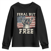 Feral But Free Funny Raccoon Patriotic Youth Sweatshirt Cool American Flag Sunglasses Rock On Hand Signs Vintage USA Flag