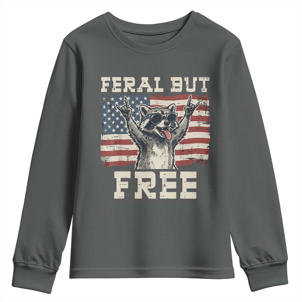 Feral But Free Funny Raccoon Patriotic Youth Sweatshirt Cool American Flag Sunglasses Rock On Hand Signs Vintage USA Flag