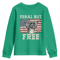 Feral But Free Funny Raccoon Patriotic Youth Sweatshirt Cool American Flag Sunglasses Rock On Hand Signs Vintage USA Flag