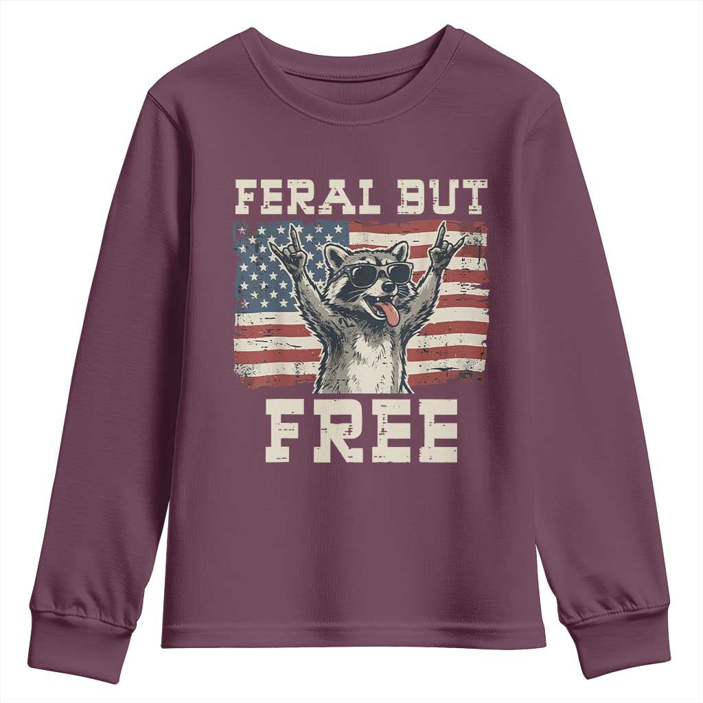 Feral But Free Funny Raccoon Patriotic Youth Sweatshirt Cool American Flag Sunglasses Rock On Hand Signs Vintage USA Flag